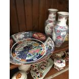 A large shallow bowl - peacock decoration 37cm diameter, and a pair of vases