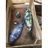 Box with 2 glass fish and a 2 paperweights