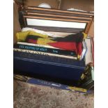 A box of shipping items inc flags, memorabilia, etc