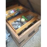 A large wooden joiners toolbox with contents, various tools, etc.