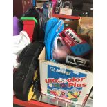A box and two bags of childrens toys and Thomas & Friends ruck sack