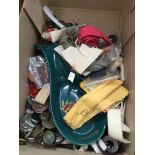 A box of sewing items, inc buttons, etc