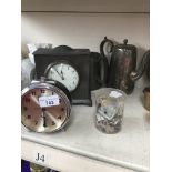 Walker & Son pewter clock, tankard, plated tea pot etc.