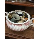 A twin handled bowl with other small ceramics and collectables