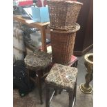 Two stools with upholstered tops and two wicker baskets