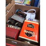 A box of items inc vintage toy till, mini iron, vintage tins, etc