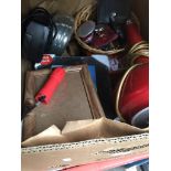 A box of misc to include flambe table lamp, battery charger, a phone, small items, etc.