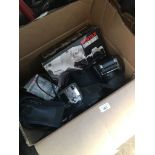 A box of misc items to include Pentax MZ-50 camera, Fujifilm FinePix 6800 Zoom digital camera,