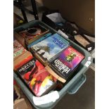 A crate and a bag of books