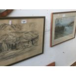 A framed watercolour and a vintage New Zealand print