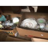 2 boxes of misc pottery, ceramics, plates, cups, vases, candle holders, etc