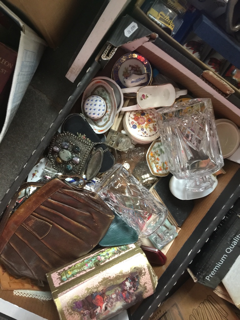 A box of mixed pottery and handbags etc