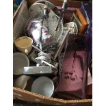 A box of mixed items including art glass, plates by Spode, Doulton etc