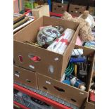 3 boxes of misc items to include decorator's tools, plates, ornaments, vases, etc.
