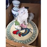 A box of pottery to include cat, vase, large plates.