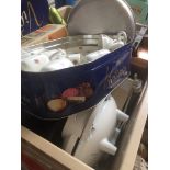 A crate of mixed china, bric a brac, weighing scales, etc