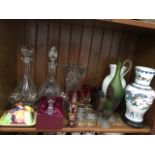 Shelf of vases and glassware inc. two decanters and carafe set