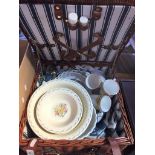 A picnic hamper containing a seven piece fruit set by Susie Cooper and other good quality ceramics.