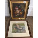 A still life oil on board, unsigned, in reproduction gilt frame, together with a Ltd edition print