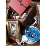 A box of mixed items - Macclesfield silk, cutlery etc