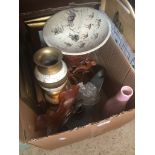 A box of misc to include a carnival glass bowl, 2 brass and MOP vases, a pressed glass ornament