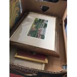 A box of pictures including watercolour and embriodery, picture of cottage garden, North east Sussex