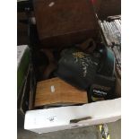 A box of mixed items inc brasses, woden boxes, mirror, etc