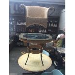 Cane glass and metal circular table and matching armchair Catalogue only, live bidding available via