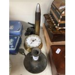 Chamber stick, clock, shell case etc. Catalogue only, live bidding available via our website. If you