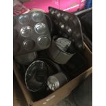 A box containing good quantity of vintage kitchen baking tins and moulds. Catalogue only, live