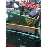 A green crate and a box of mixed tools inc sanders, small vice, etc Catalogue only, live bidding