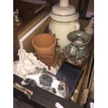 A box of assorted pottery, wine cooler, a lidded Rumptopf urn, etc. Catalogue only, live bidding