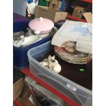 Two crates containing various porcelain and ceramics inc Royal doulton collectors plates, Mintons, a