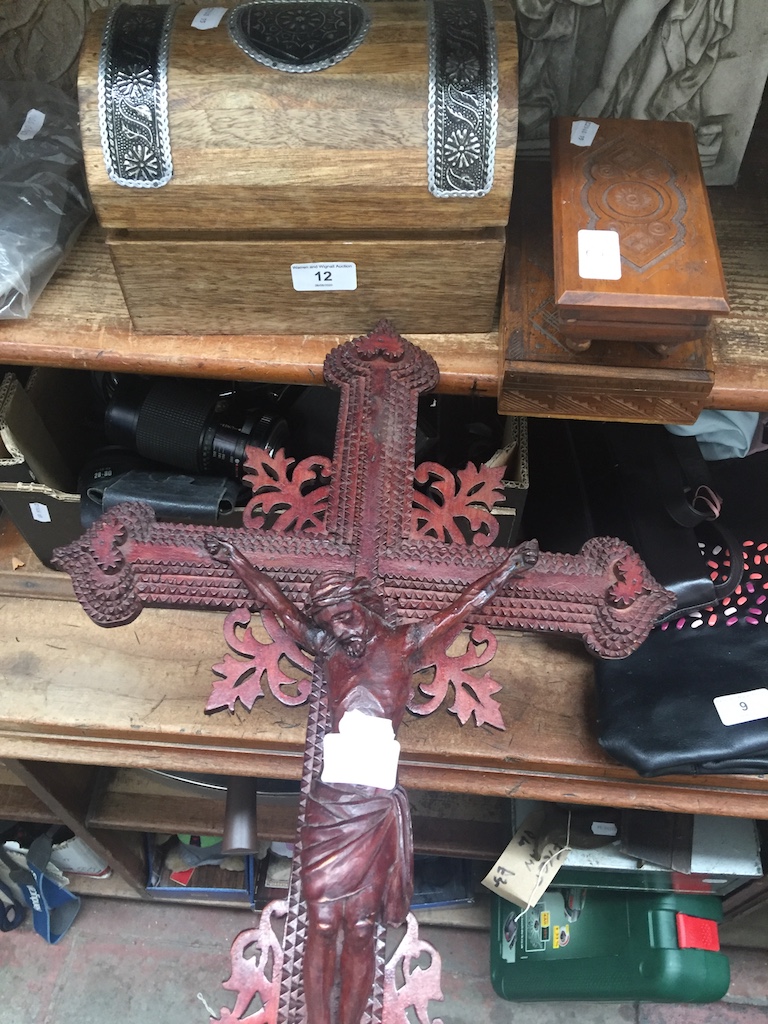 A quantity of wooden boxes and a wooden crucifix Catalogue only, live bidding available via our