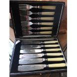 EPNS celluloid handled cutlery in case. Catalogue only, live bidding available via our website. If