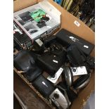 A box of cameras and camera accessories to include HP, Concord, Ouyama, Muplex Super 8, Praktica