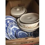 A box of various pottery inc blue and white willow pattern plates Catalogue only, live bidding