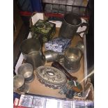 A box of metalware, pewter tankards, etc. Catalogue only, live bidding available via our website. If