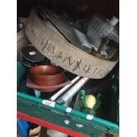 A crate of mixed items inc vintage sieve, digi bathroom scales, etc Catalogue only, live bidding