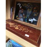A parquetry panel and a butterfly wing inlaid tray Catalogue only, live bidding available via our