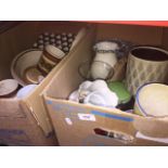 2 boxes of misc pottery to include storage jars, planters, etc. Catalogue only, live bidding