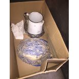 A small box with blue and white, enamel jug etc Catalogue only, live bidding available via our