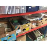 Four boxes and a white crate behind of mixed tools and garage items Catalogue only, live bidding