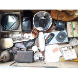 Box of bric a brac, vintage items, camera accessories, brushes etc. Catalogue only, live