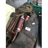 An old leather workmans tool bag and tools Catalogue only, live bidding available via our website.