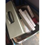 A box of plated cutlery, tin file box and other items Catalogue only, live bidding available via our