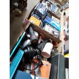 Three boxes including tools, electronics, DVDs, CDs and cassettes Catalogue only, live bidding