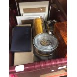 A crate with various items inc glass storage jars, walnut box, torches etc Catalogue only, live