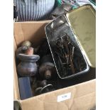 A box of door knobs, locks and a tin of drill bits Catalogue only, live bidding available via our