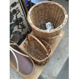 Three wicker baskets, one with ceramics, etc Catalogue only, live bidding available via our website.